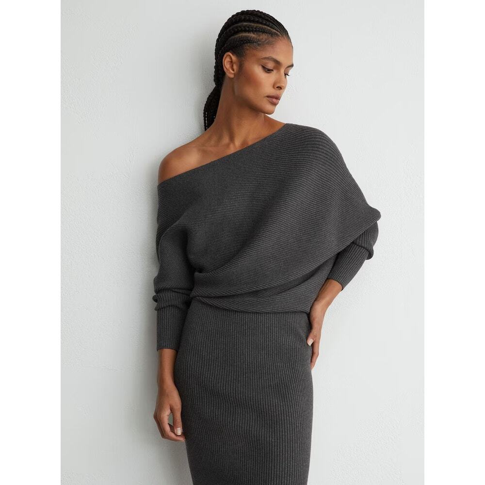 Reiss Lara Off Shoulder Ribbed Midi Dress - Picture 11 of 11